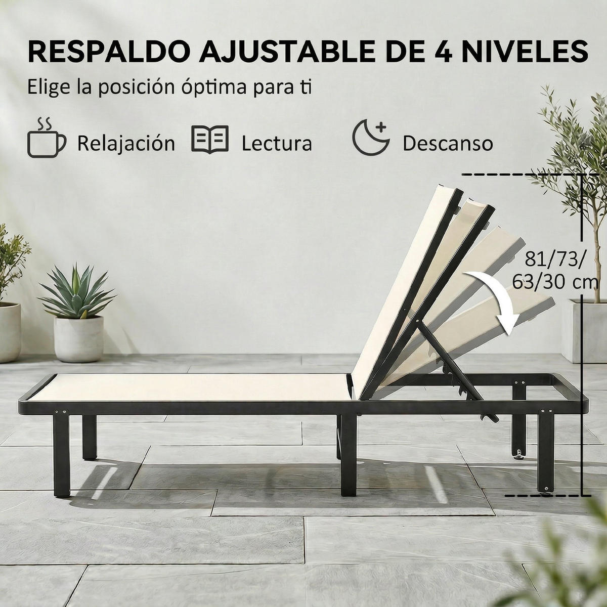 SONNENLIEGE Set aus 2 verstellbaren Sonnenliegen mit Rollen verstellbarer Rückenlehne ,4-stufig ，190*62*88 cm - Beige, Metall (62/88/190cm) - Vallsero