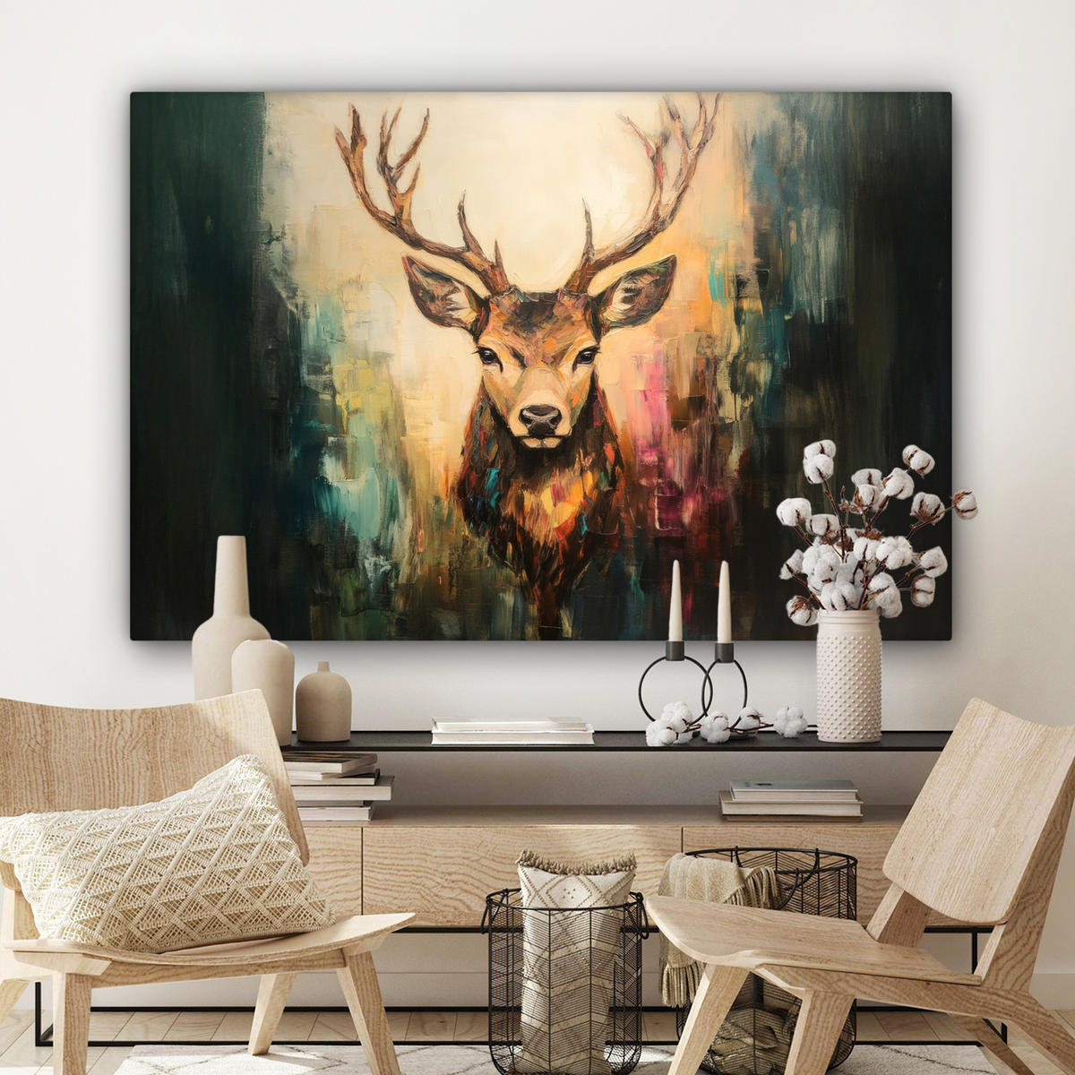 LEINWANDBILD Hirsch - Gemalt - Geweih - Braun Wohnzimmer Groß 120x80 cm - Haselnussfarben, Textil (120/80cm) - MuchoWow