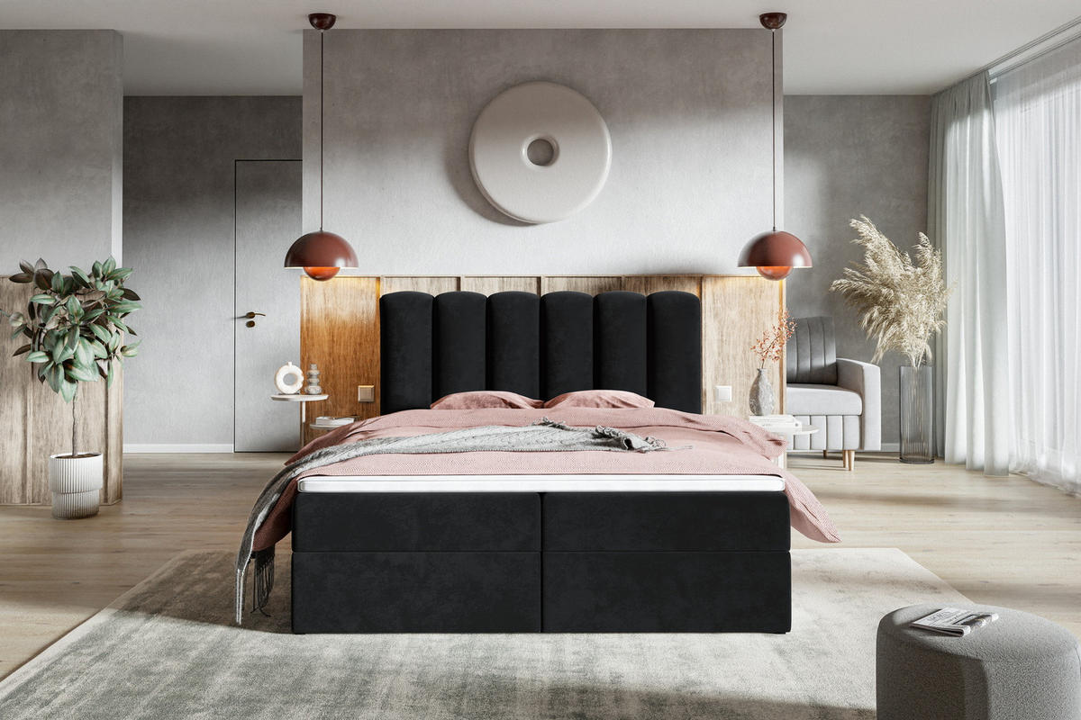 BOXSPRINGBETT 180x200 Rimini mit Matratze und Bettkasten, Schwarz - Schwarz, Holz/Textil (180/200cm) - Emporius