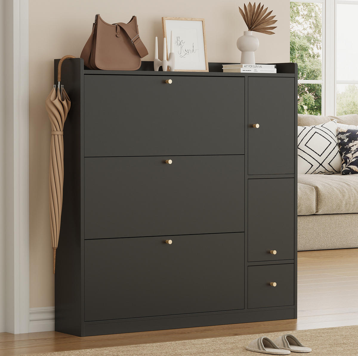 SCHUHSCHRANK 119/24/122 cm in Schwarz mit 3 Klappen und klappbarer Sitzbank - Schwarz, Holzwerkstoff (119/122/24cm) - Flora Grace