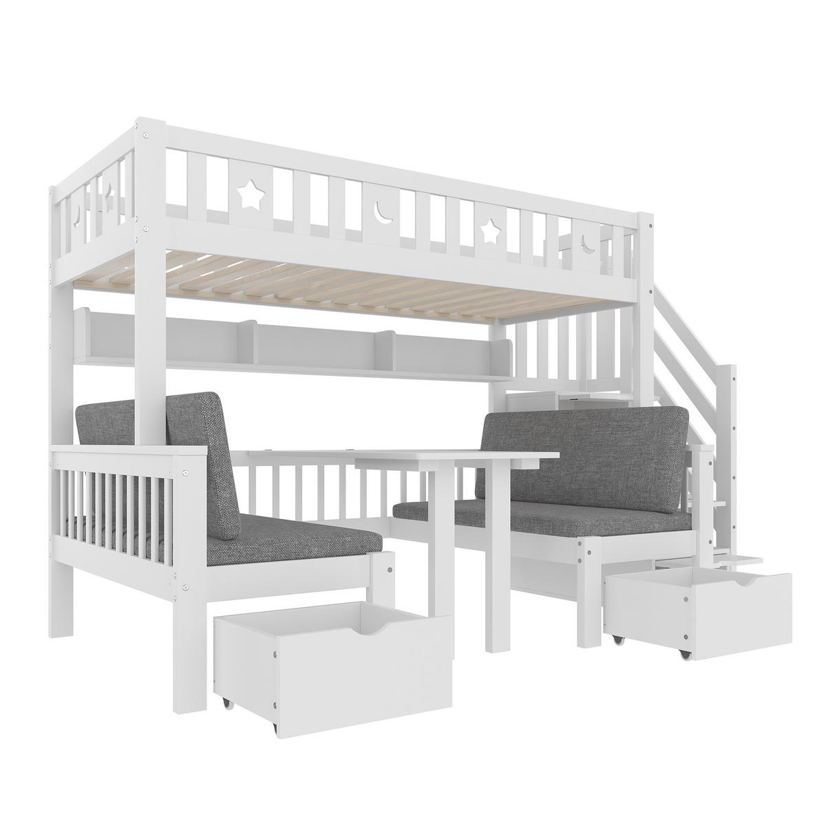 HOCHBETT aus Kiefernholz 90x200 cm in Weiß mit Schreibtisch & Stauraumleiter - Weiß, Holz (90/200cm) - Modfu