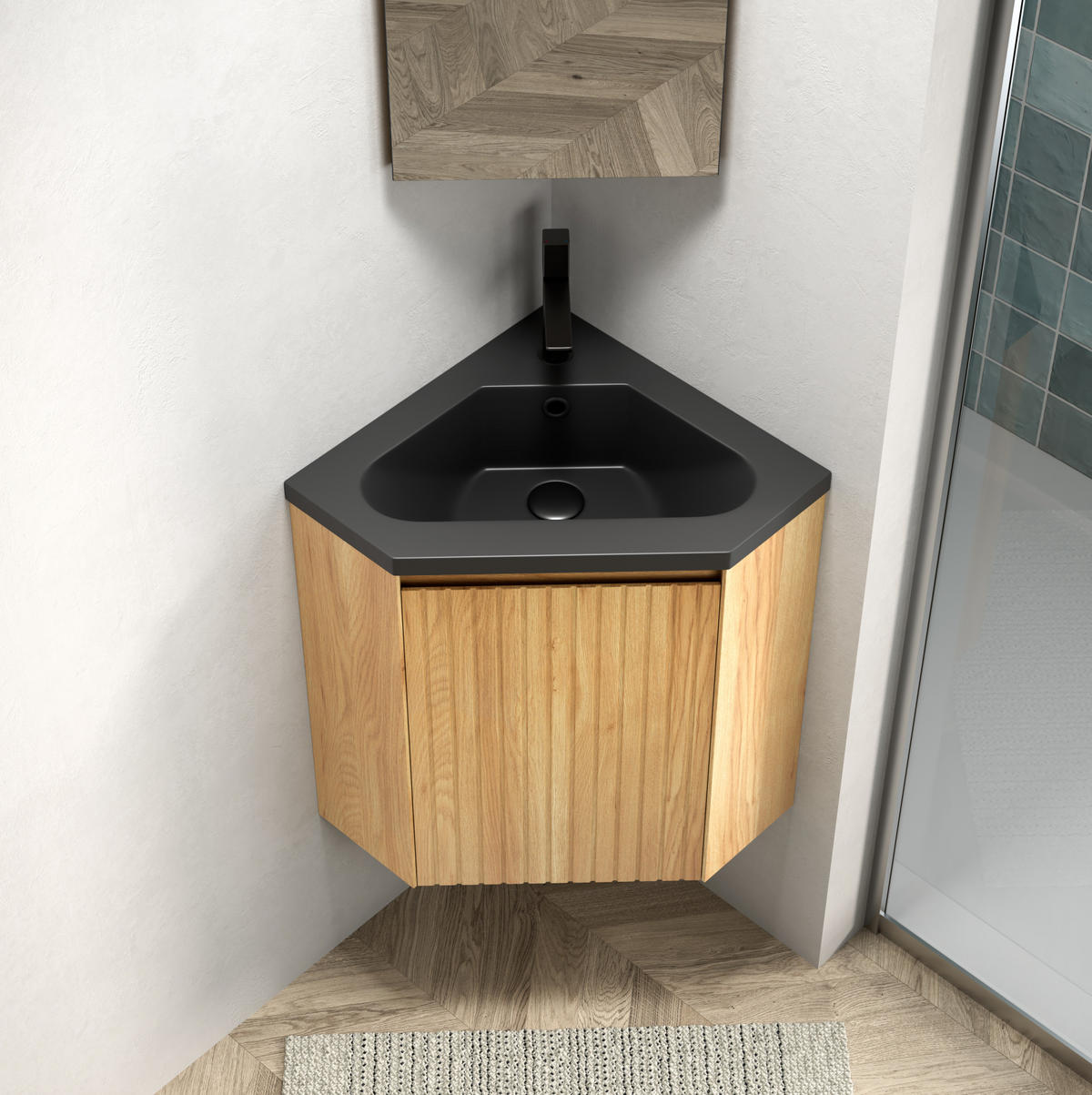WASCHTISCHKOMBI 54,5/38.5/52.4 cm schwarz/Naturholz aus Harz und Sperrholz mit vormontiertem Unterschrank - Schwarz, Kunststoff (54.5/52.4/38.5cm) - OKWISH