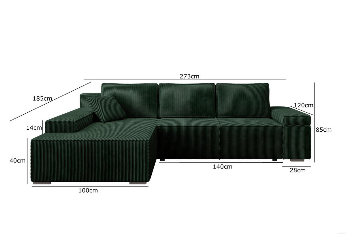 ECKSOFA Milo mit Schlaffunktion und Bettkasten, Couch L-Form, Cord-Stoff, 273x85x185 cm, Grün - Grün, Holz (185/273cm) - PROMETO Möbel