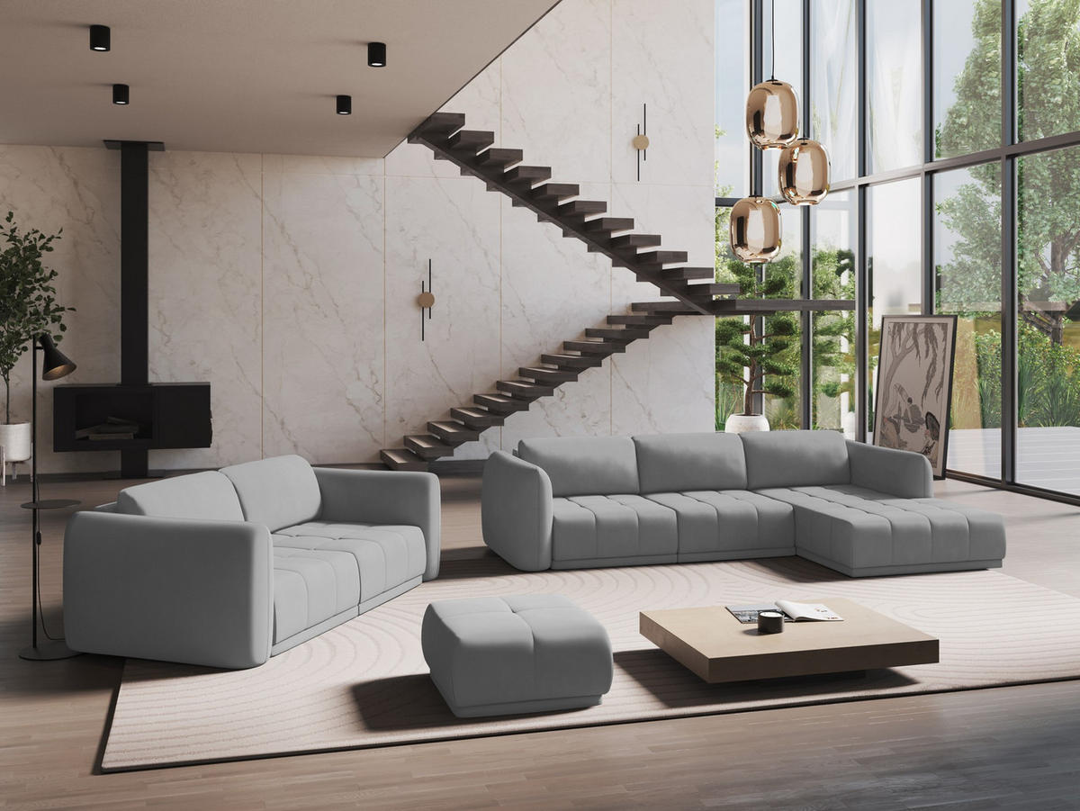 3-SITZER SOFA Chenille Stoff Grau - Hellgrau/Schwarz, Kunststoff/Textil (210/74/105cm) - Makamii