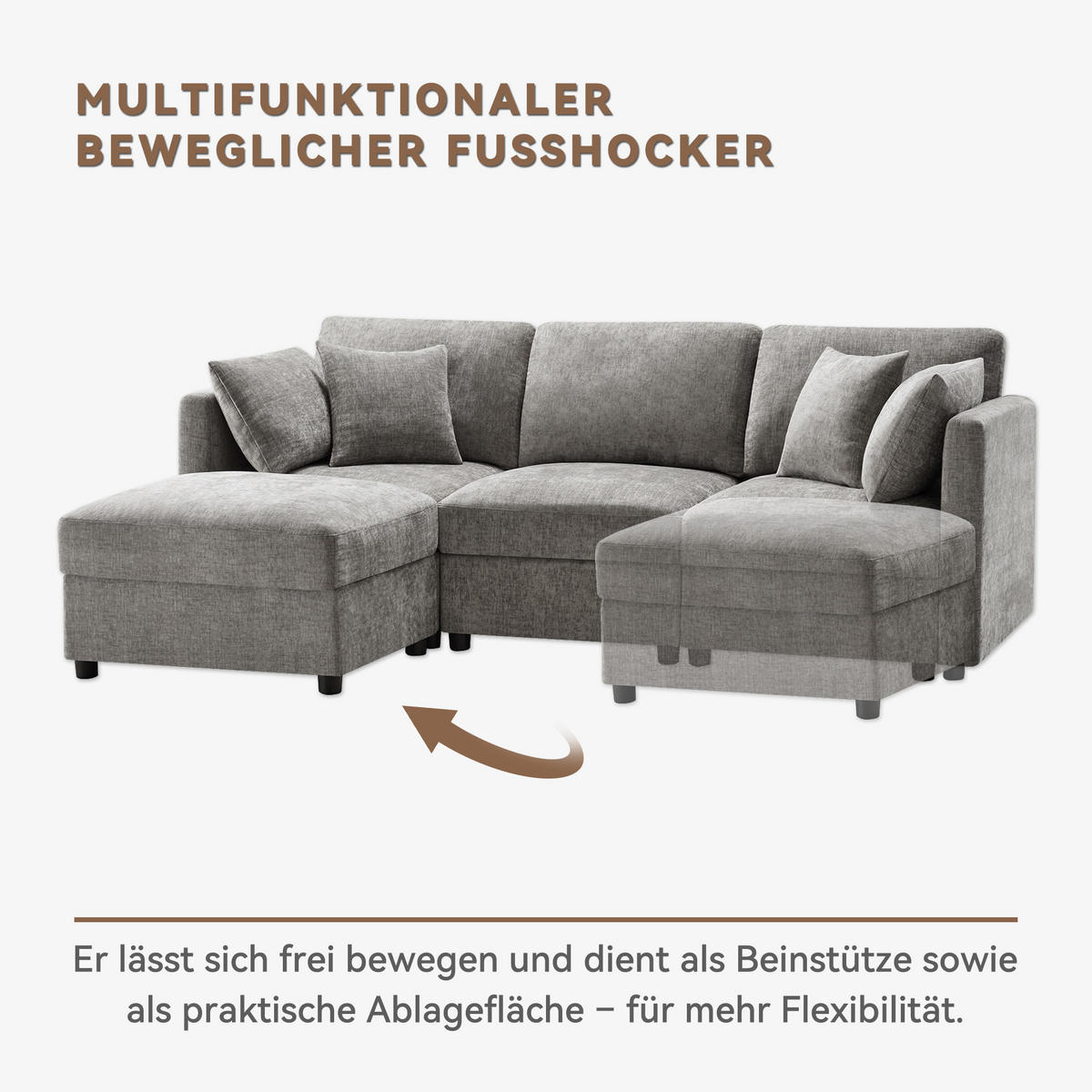 ECKSOFA, Chenille mit verstellbaren Armlehnen & Hocker, 218/156,5/86 cm, Grau - Grau, Textil (156.5/218cm) - Redom