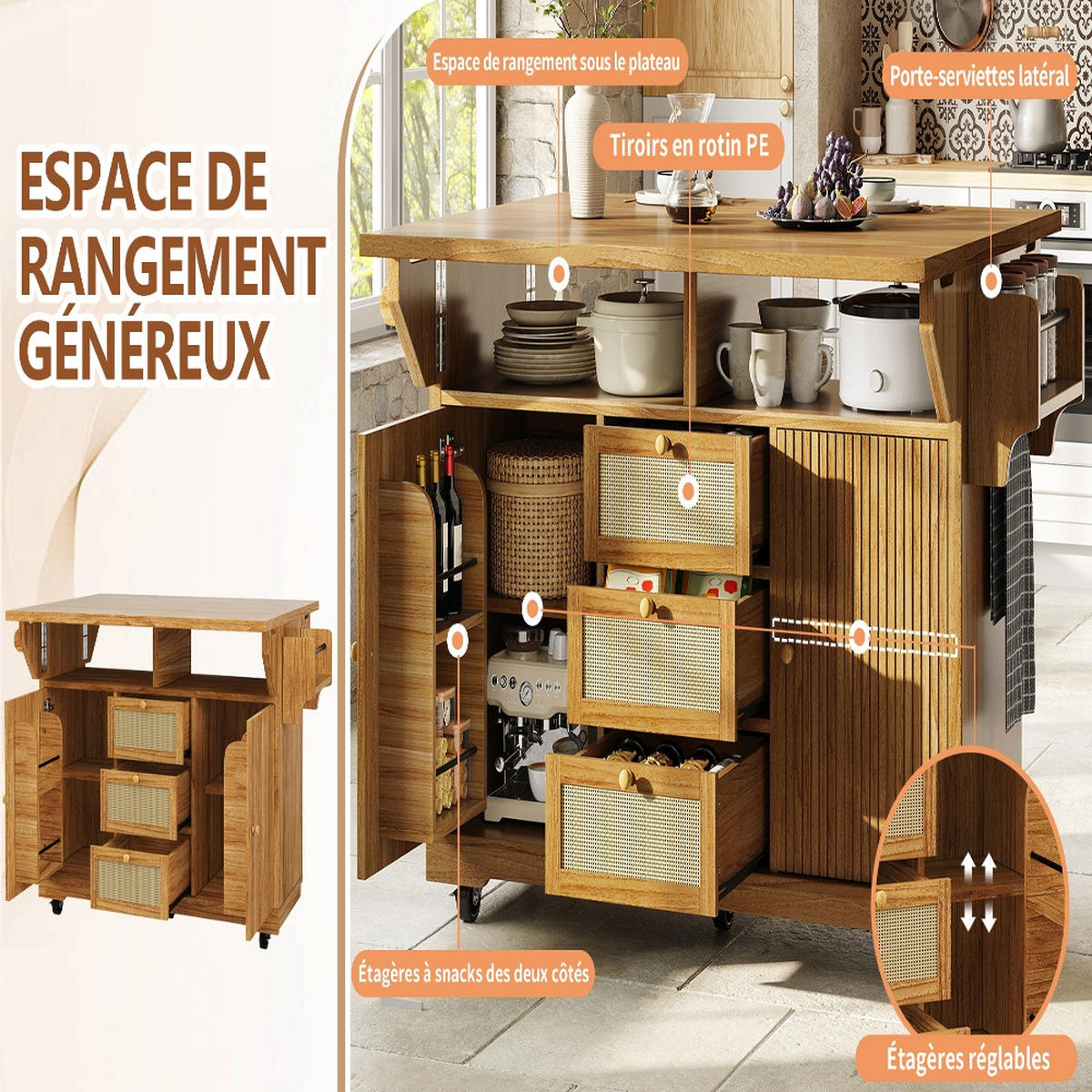 KÜCHENINSEL SERVIERWAGEN AUSKLAPPBAR, Küche Balkon Camping, 142,5/80/95 cm - Dunkelbraun, Kunststoff (80/95/142.5cm) - Rolipo