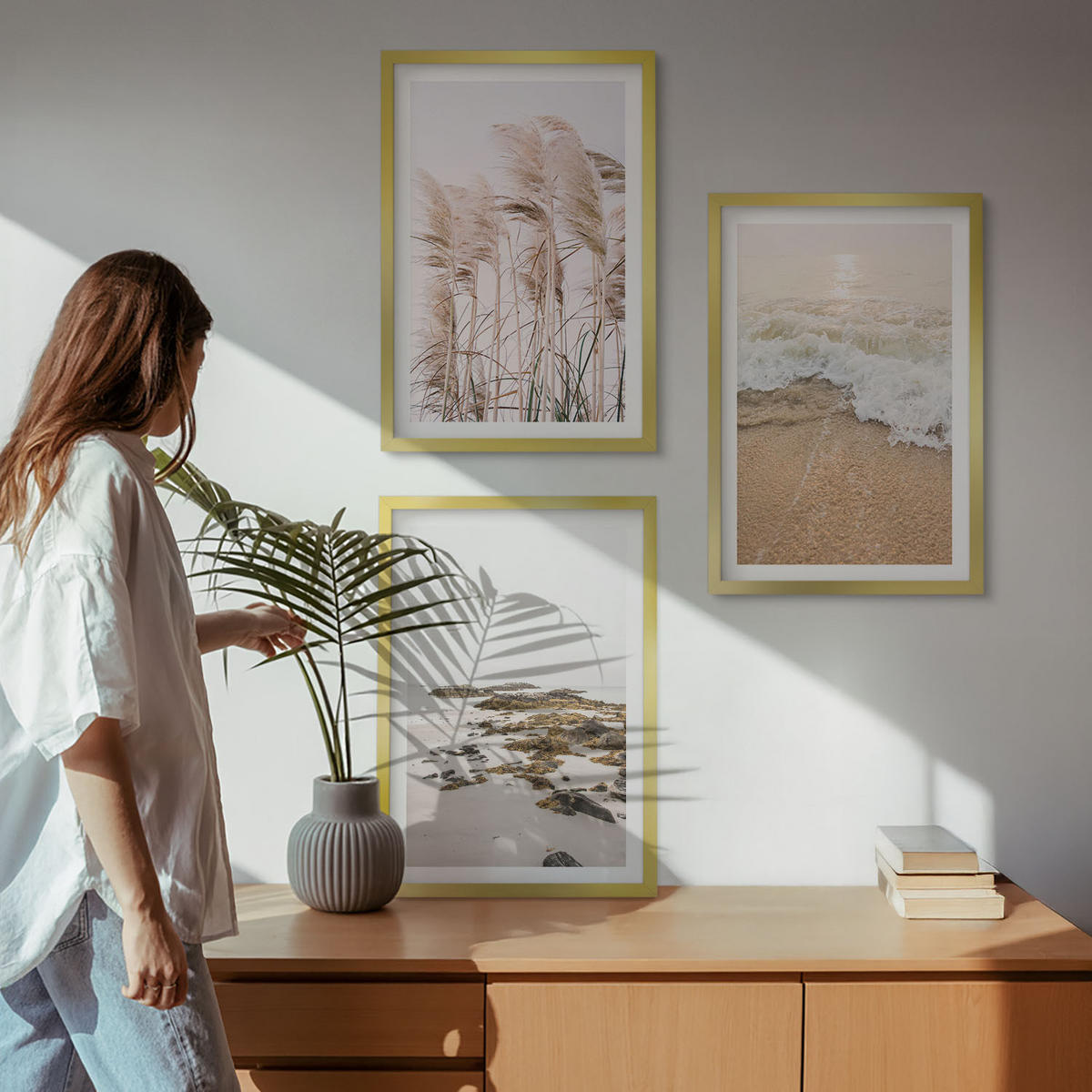 WANDBILDER 3er Set - 40x60 cm Goldrahmen - Strandgras, Wellen, Steine, Boho-Stil - Goldfarben, Kunststoff (40/60cm) - ArtPrintCave