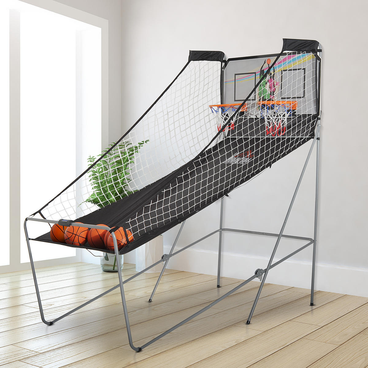 BASKETBALL-ARCADE DE-18659 klappbar, 2 Körbe, 8 Spielmodi Schwarz/Weiß - Schwarz, Holzwerkstoff (110/205cm) - ComfortXL