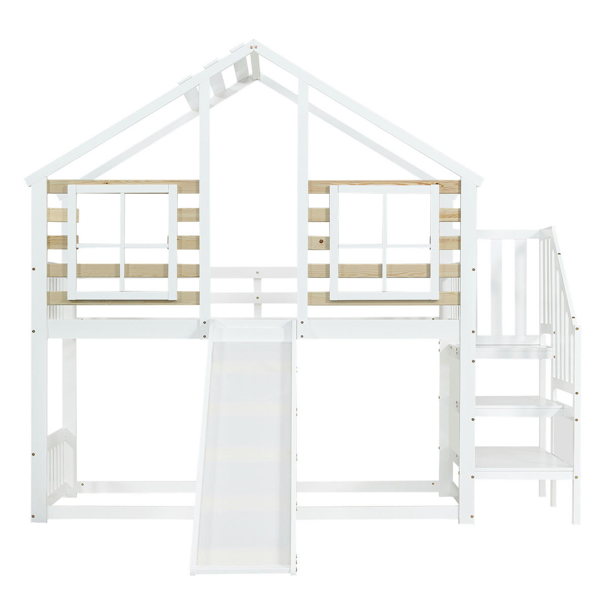 ETAGENBETT mit Treppe, Gitter, Rutsche und Fenster 90/200 cm, Weiß/Natur - Weiß, Holz (90/200cm) - MIVRAY