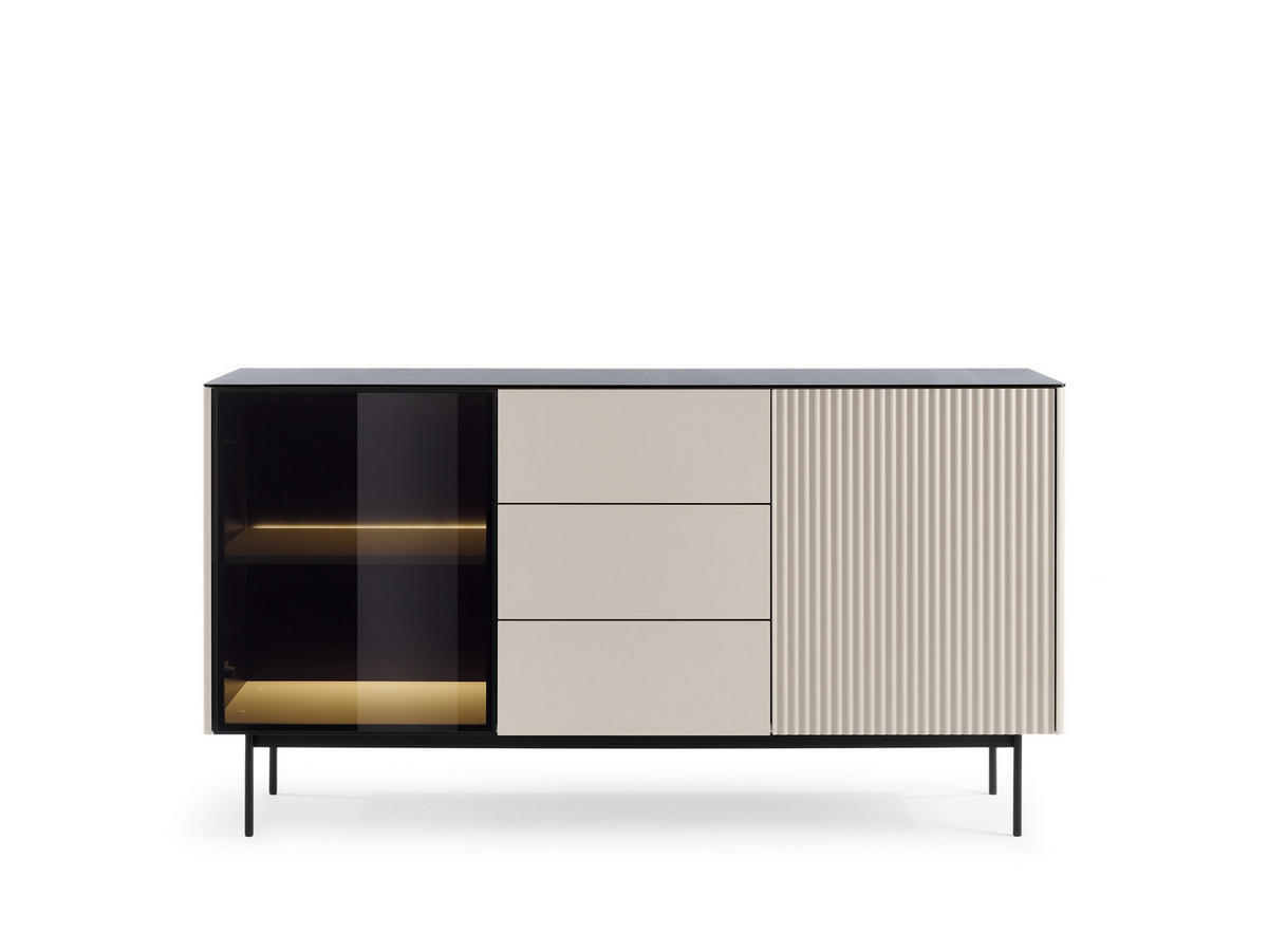 KOMMODE Rita Kaschmir, zweitürige, verglaste Kombikommode mit LED beleuchtung - Kaschmir/Schwarz, Holzwerkstoff (157/84/39cm) - Bettso
