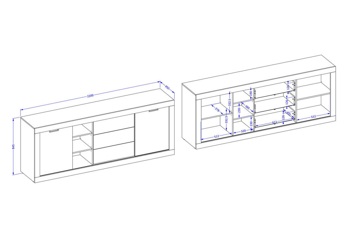 SIDEBOARD DAVOR 220x45x85 cm mit 3 Schubladen und 2 Türen Eichefarben - Braun, Holzwerkstoff (220/85/45cm) - MASSENO
