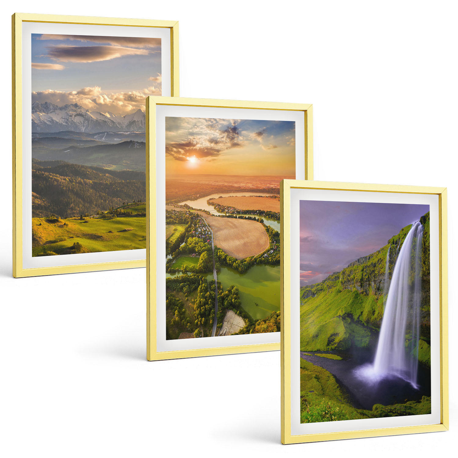 BILDER SET 3er Set - 40x60 cm Goldrahmen - Gebirgsflüsse, Wasserfälle, Natur - Goldfarben, Kunststoff (40/60cm) - TULUP
