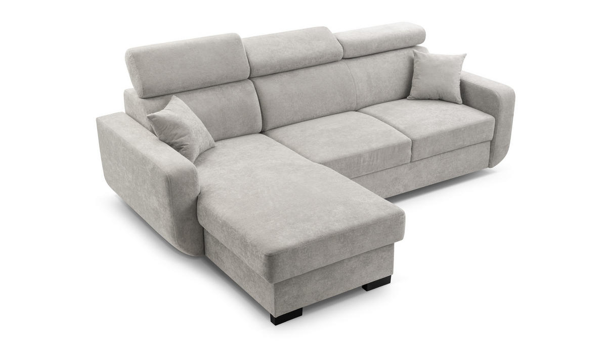 ECKSOFA CASTELLO Grau Plüsch-Stoff mit Schlaffunktion - Grau, Holz (236/165cm) - MASSENO