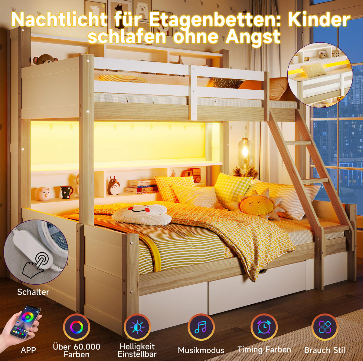 ETAGENBETT aus Kiefer 90x200/140x200 cm Weiß/Natur mit LED-Lichtleiste, offener Stauraumlösung, Schublade und variabler Leiter - Weiß, Holzwerkstoff (90/200cm) - Modfu