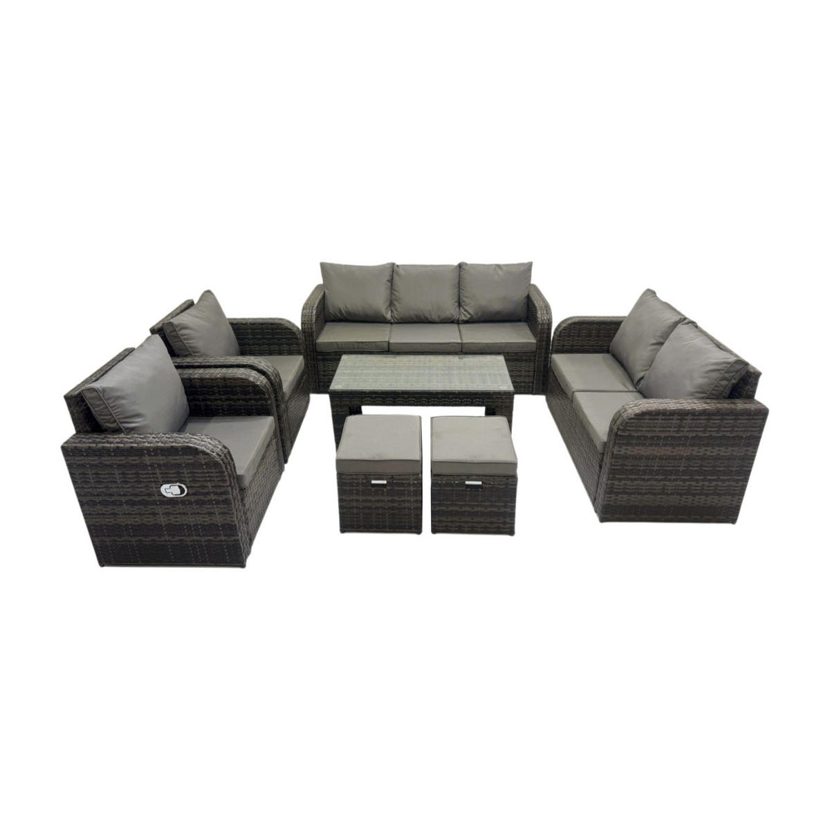 GARTENMÖBEL SET mit Sofa Polyrattan 9-Sitzer Dunkelgrau - Dunkelgrau/Grau, Glas/Kunststoff - Fimous