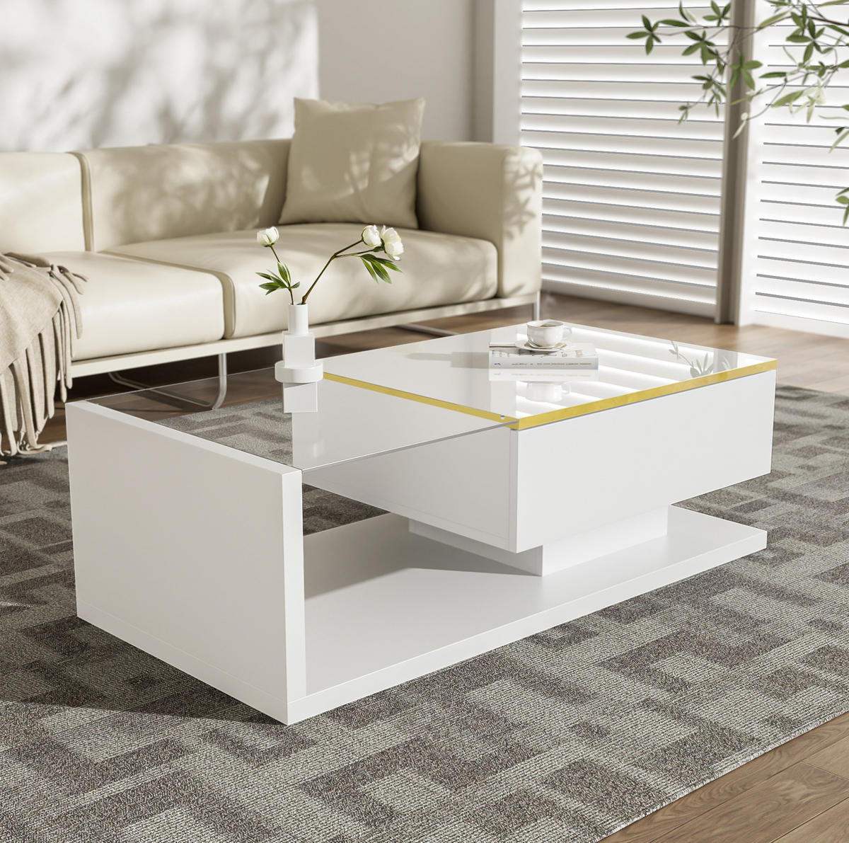 KONFERENČNÍ stolek 100/50/32,5 cm bílý s LED a skleněnou deskou - bílá, kompozitní dřevo (100/50/32.5cm) - BEAOK