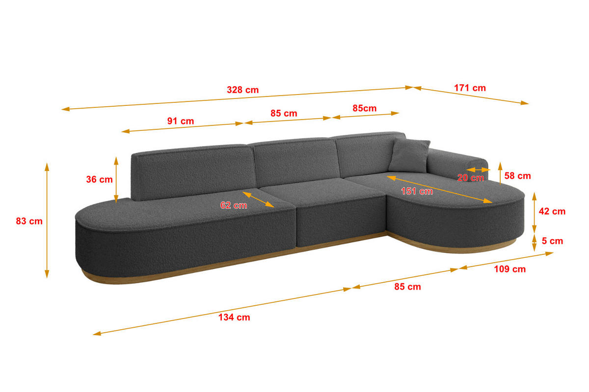 ECKSOFA Ottomane Rechts MARI-L2-v2 - 328x171x83 cm Grau Bouclé - Grau, Holzwerkstoff/Textil (171/328cm) - ALTDECOR