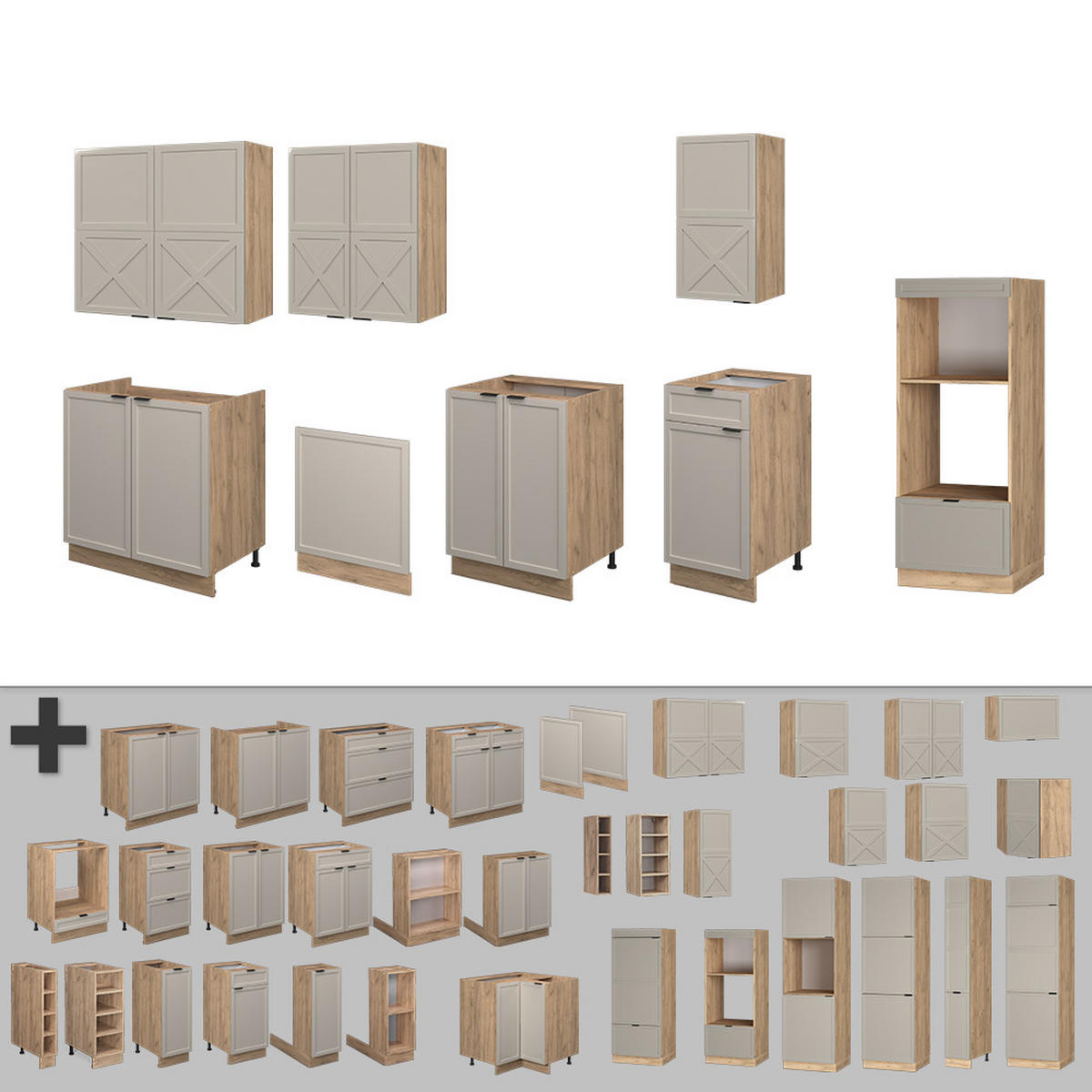 KÜCHENZEILE Fame-Line GrauBeige/Goldkraft Eiche 300 cm mit Hochschrank ohne AP - Honigeiche/Grau, Holzwerkstoff (300/81.6/46cm) - Vicco