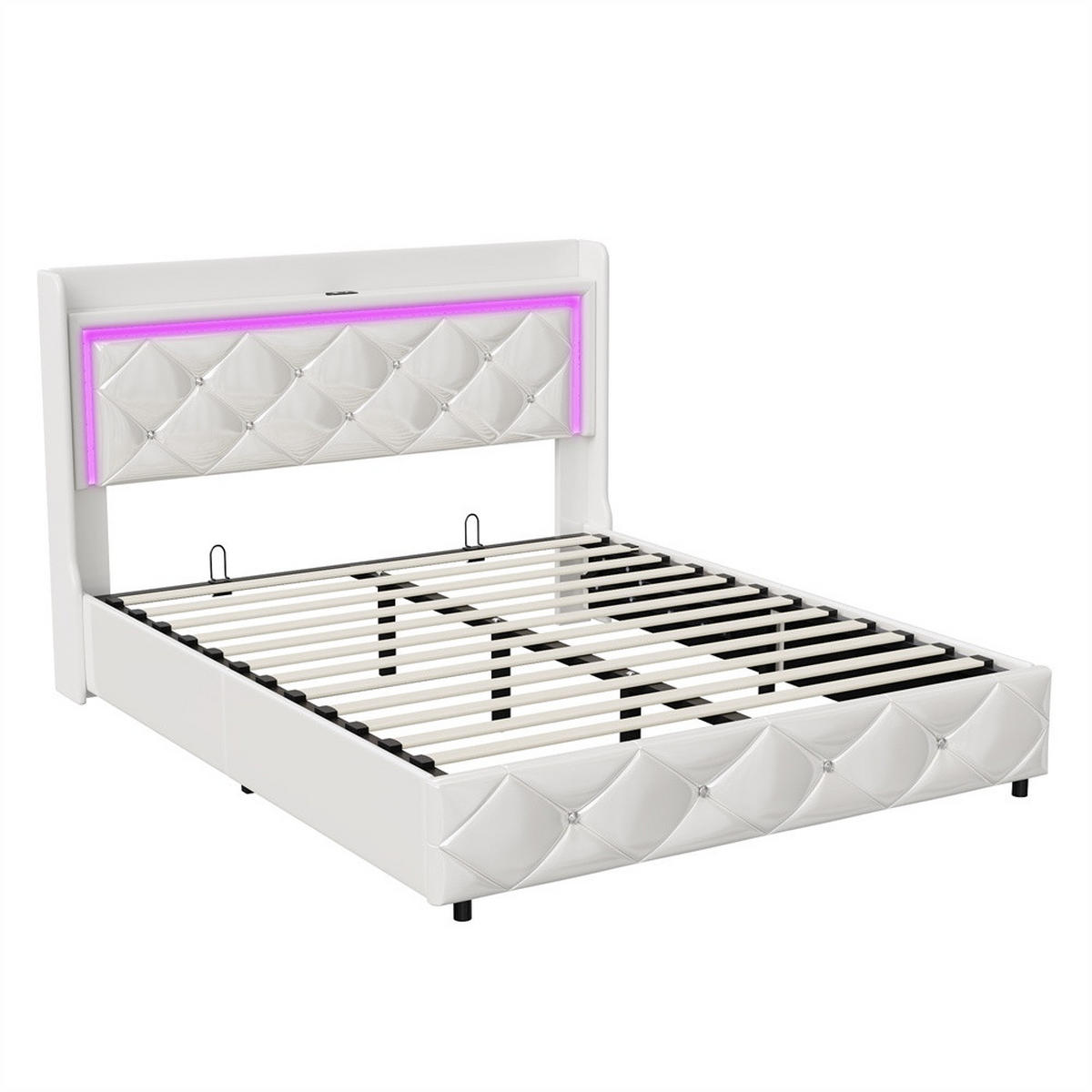 POLSTERBETT 140x200 cm mit LED-Beleuchtung , USB-Ladestation und hydraulischer Hebefunktion - ohne Matratze - Weiß, Textil (140/200cm) - DELFA
