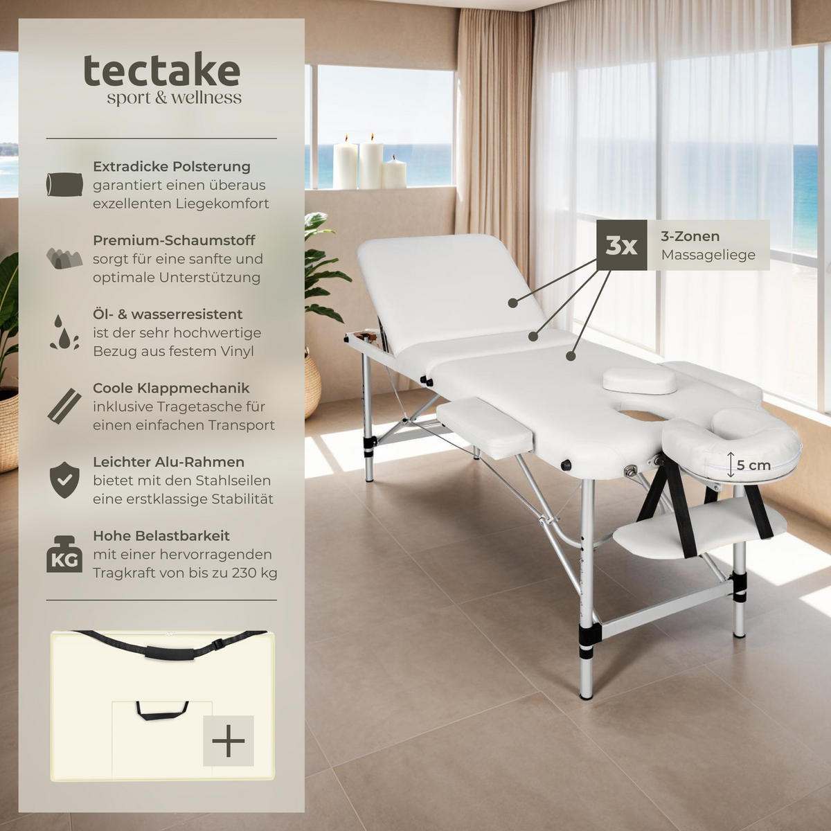 MASSAGELIEGE 3 Zonen, 210 x 95 x 90 cm,weiß - Weiß, Metall (61/68/180cm) - tectake