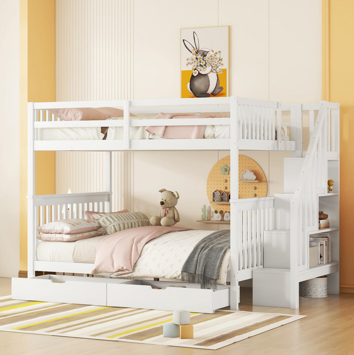 ETAGENBETT 140/200 cm weiß aus Kiefernholz mit Stauraumtreppe - Weiß, Holzwerkstoff (140/200cm) - OKWISH