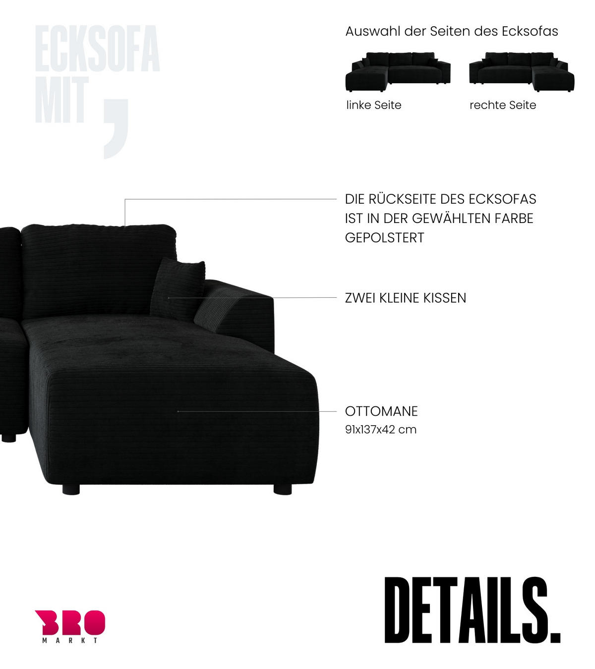 ECKSOFA Romeo mit Schlaffunktion Schwarz - Schwarz, Textil (285/185cm) - Bromarkt