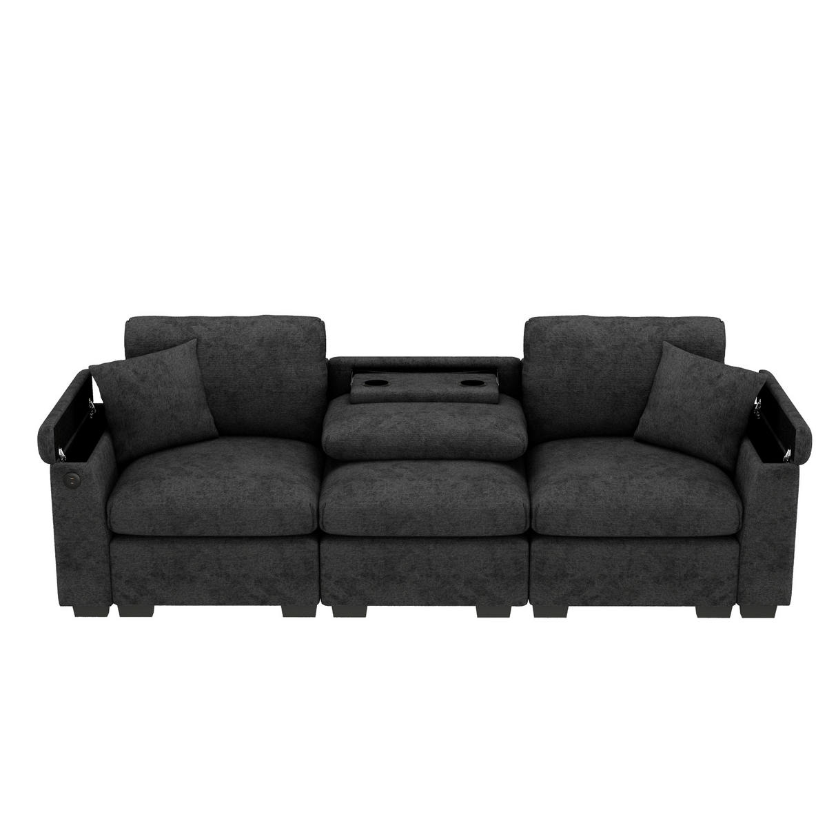 POHOVKA z chenillu, 242/80/88 cm sivá, s USB, sklápacím stolíkom a úložným priestorom - sivá, textil (80/88/242cm) - BEAOK