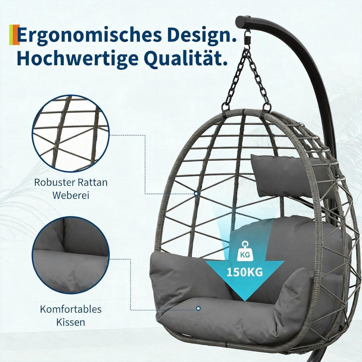 HÄNGESESSEL mit Gestell Grau bis 150 kg belastbar - Grau, Naturmaterialien (59.5/1.5/115cm)