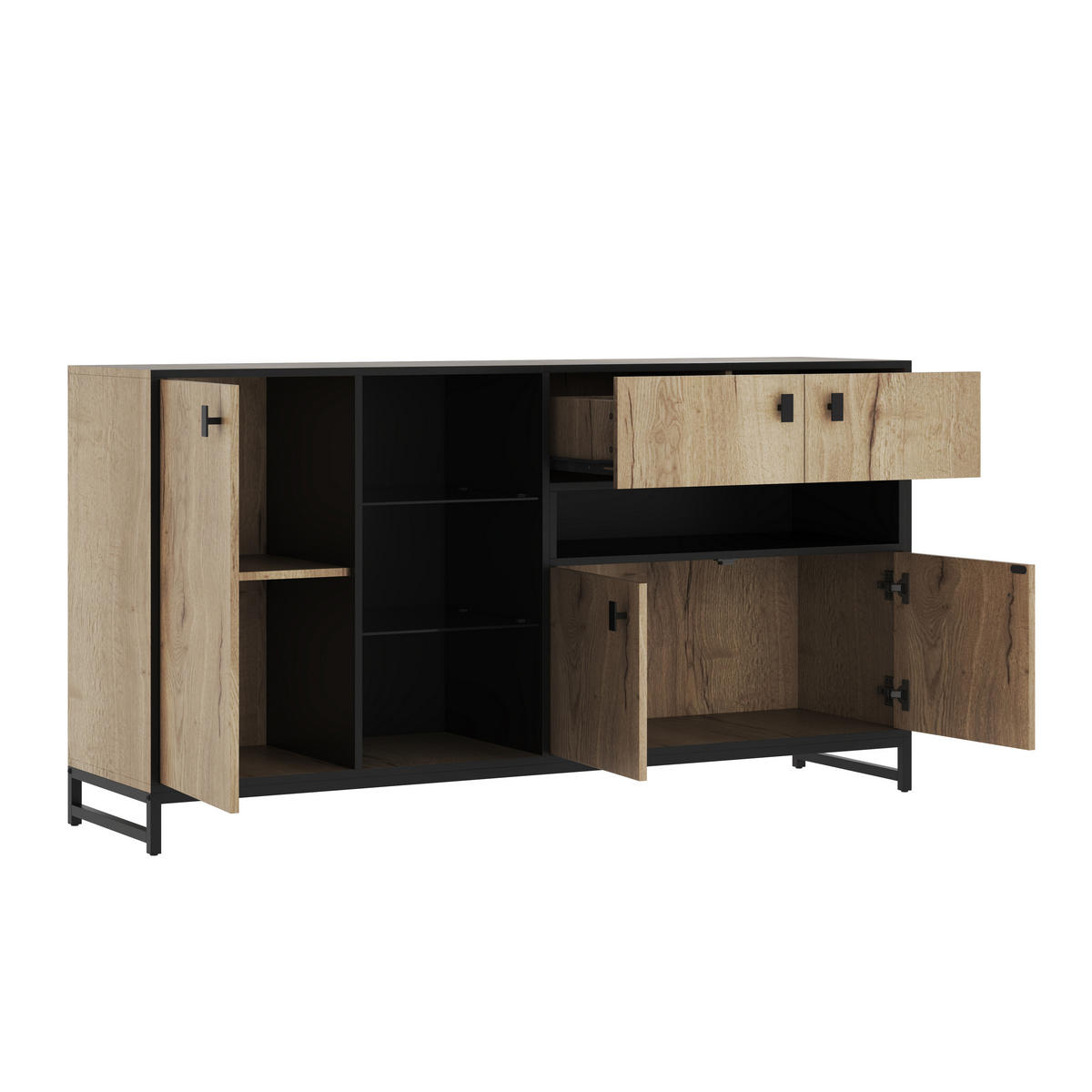 SIDEBOARD 160 cm Naturholz & Schwarz mit Doppeltüren, Glasregal & Metallrahmen im modernen Stil - Naturfarben, Holzwerkstoff (160/84.5/40cm) - Urban Meuble