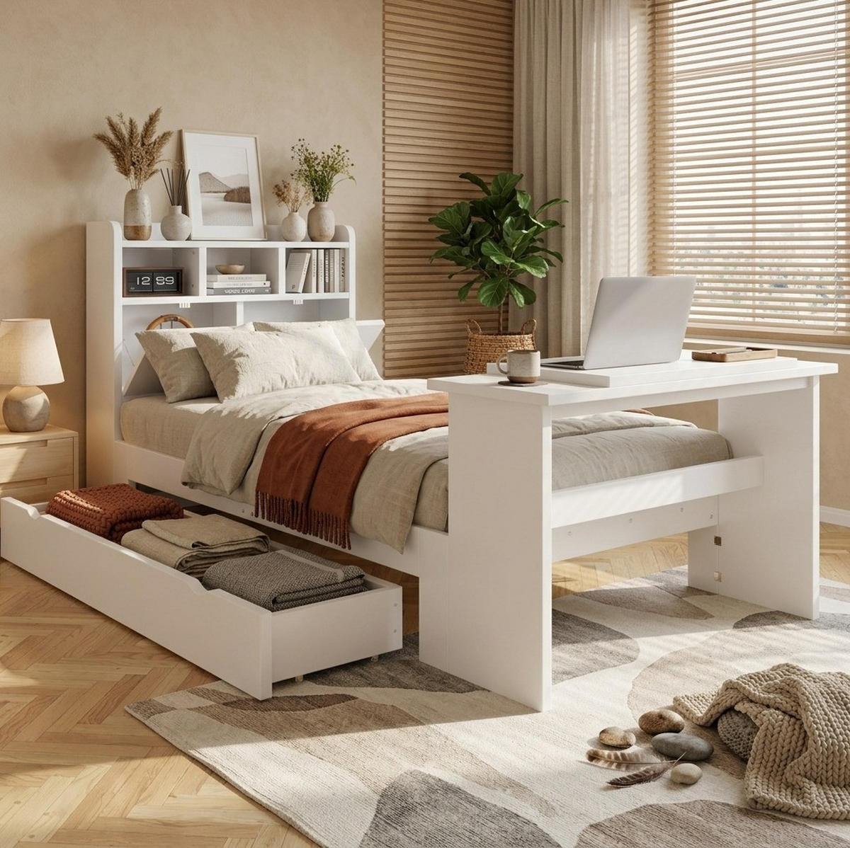 JUGENDBETT 90x200 cm in Weiß mit Schublade und klappbarem Tisch - Weiß, Holz (90/200cm) - IVMEU