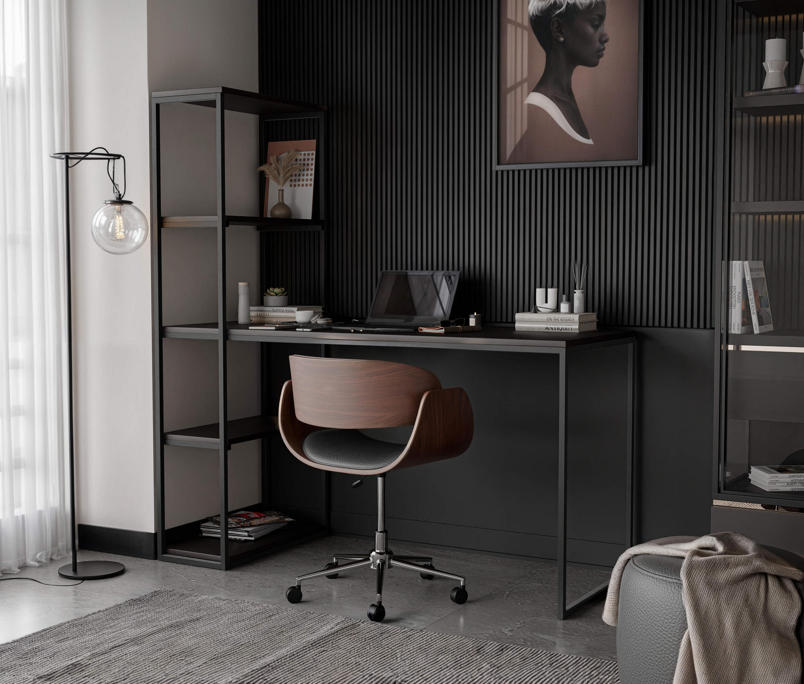 SCHREIBTISCH mit Seitenregal, Schwarz Mollet - Schwarz, Holzwerkstoff (152/60/160cm) - Idohome