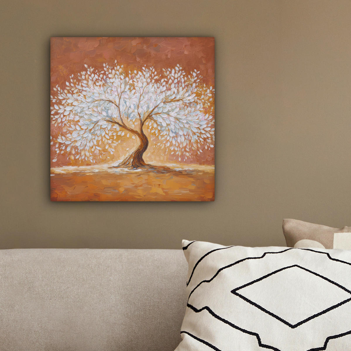 LEINWANDBILD Abstrakt - Baum - Weiß - Blätter Deko Wohnzimmer 20x20 cm - Braun, Textil (20/20cm) - MuchoWow