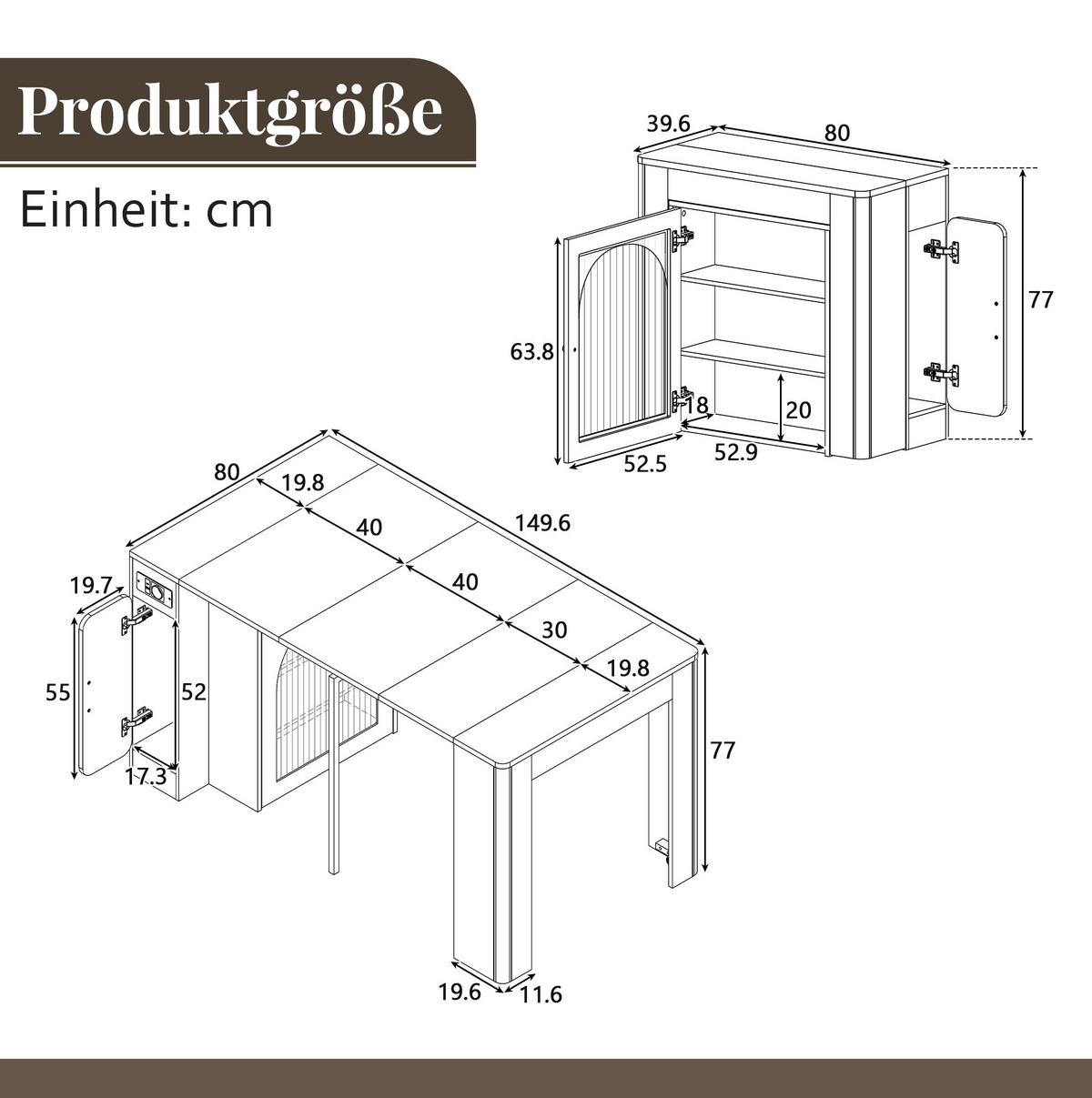 KÜCHENINSEL aus MDF und Glas 83x40x77 cm Weiß/Schwarz ausziehbar mit Rollen, LED und USB/Type-C - Schwarz, Holzwerkstoff (83/77/39.6cm) - Modfu