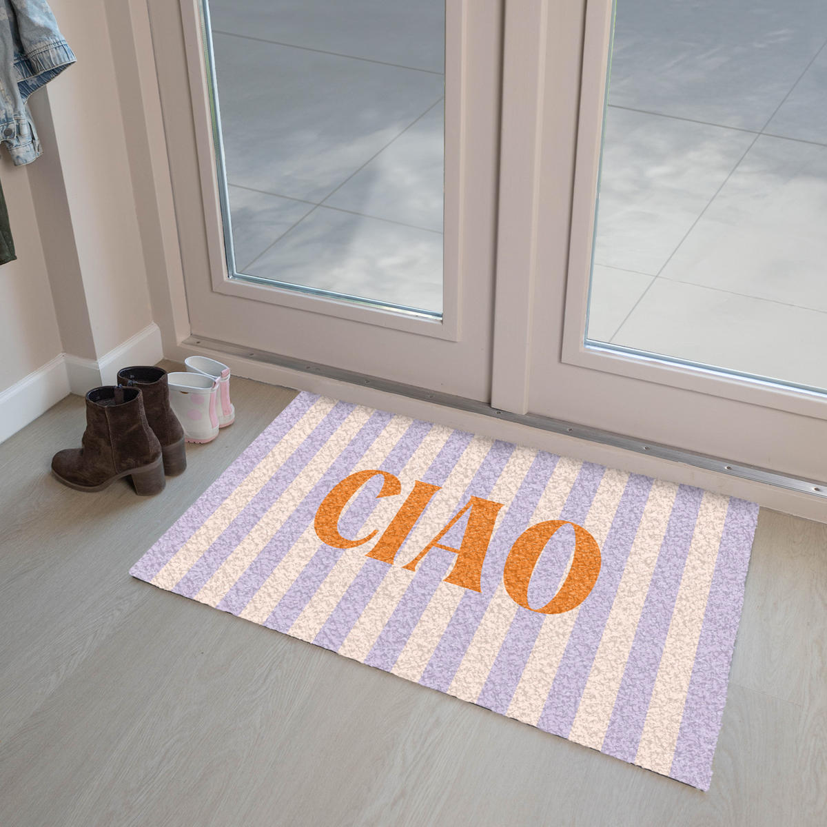 FUSSMATTE Ciao - Zitat - Pastell - Streifen 90x60 cm - Flieder, Kunststoff (90/0.4cm) - MuchoWow