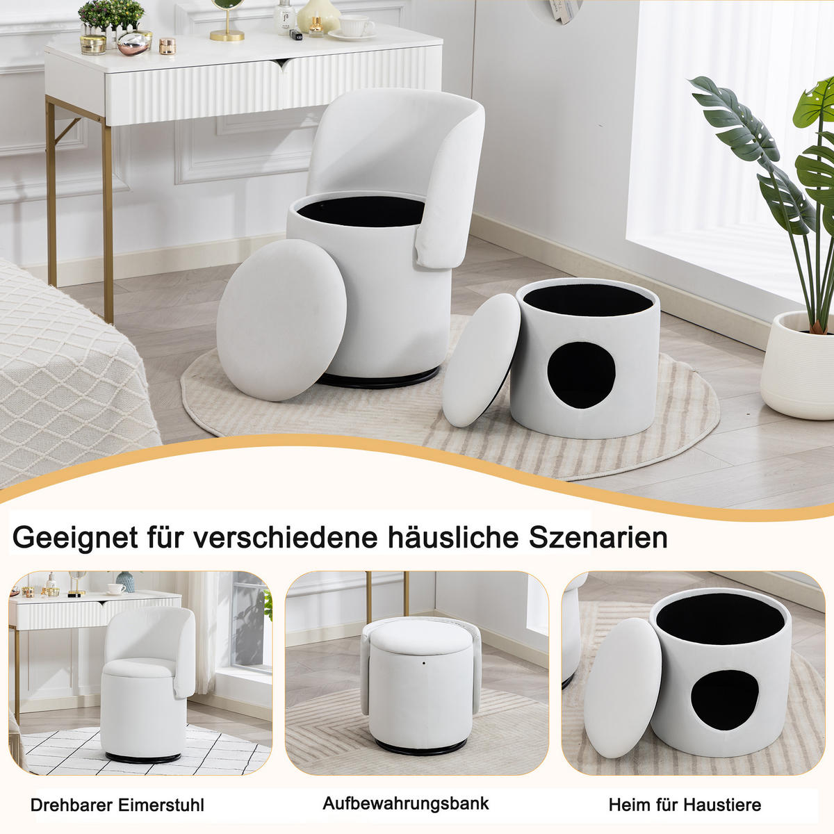 SESSEL Samt Weiß drehbar, Stauraum und mit Hocker - Beige, Holzwerkstoff/Textil (48/75/52cm) - WISHDOR
