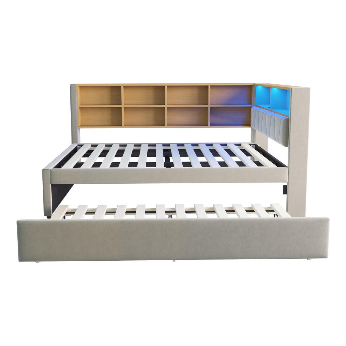 BETT Multifunktionales mit Ausziehbett 90/190 cm & LED-Beleuchtung Flanell Hellgrau 140/200 cm - Hellgrau, Textil (90/190cm) - OKWISH