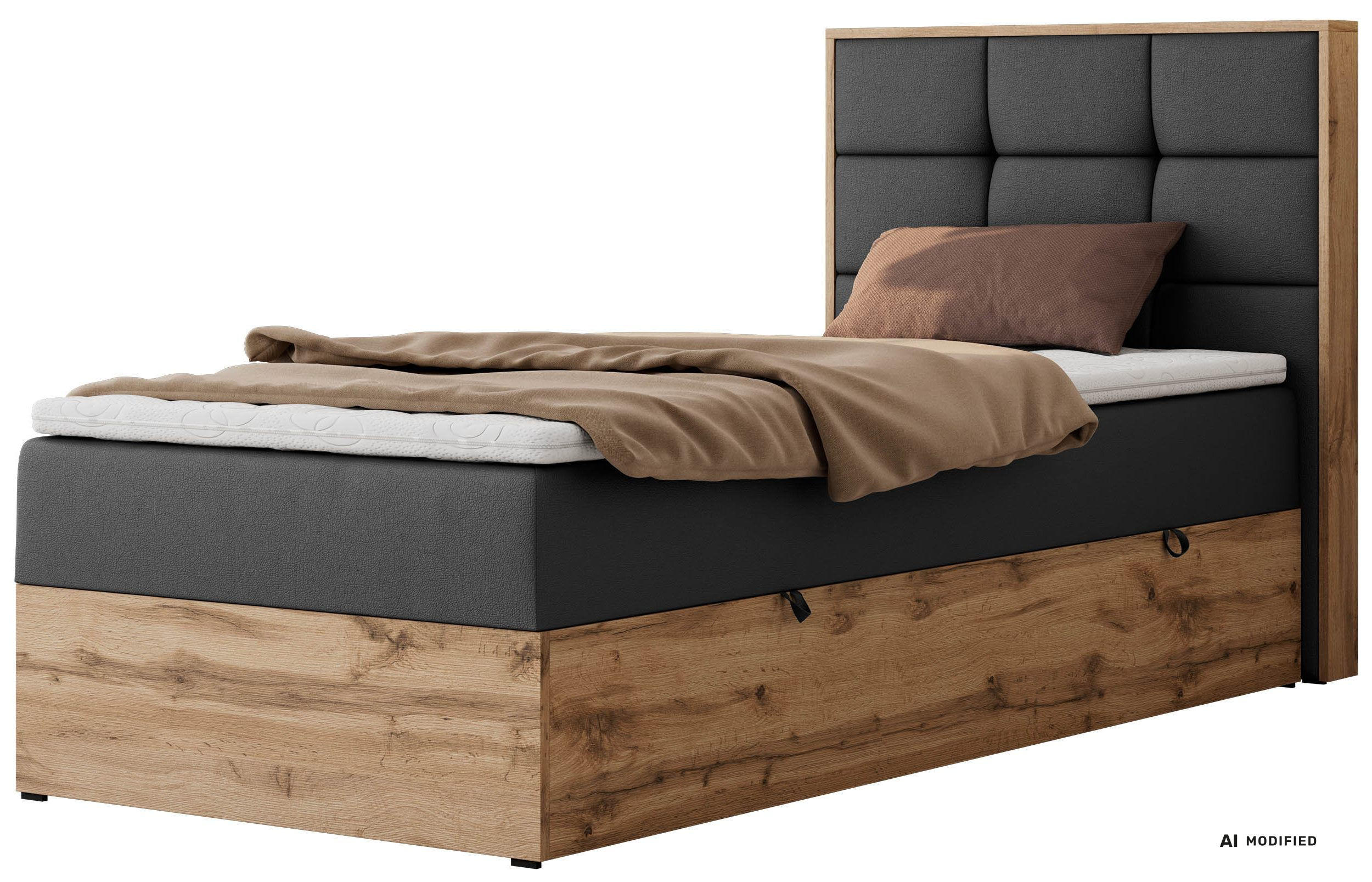 BOXBETT ALBERO 1 90/200 - Dunkelgrau Kunstleder - Topper Visco - H3 - Rechts - Dunkelgrau/Anthrazit, Kunststoff/Textil (90/200cm) - MKS