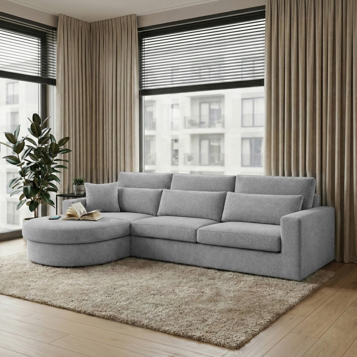 ECKSOFA Pablo ohne Schlaffunktion, mit abgerundeter Ottomane, links, Hellgrau, Velourstoff - Grau, Textil (319/196cm) - Beautysofa