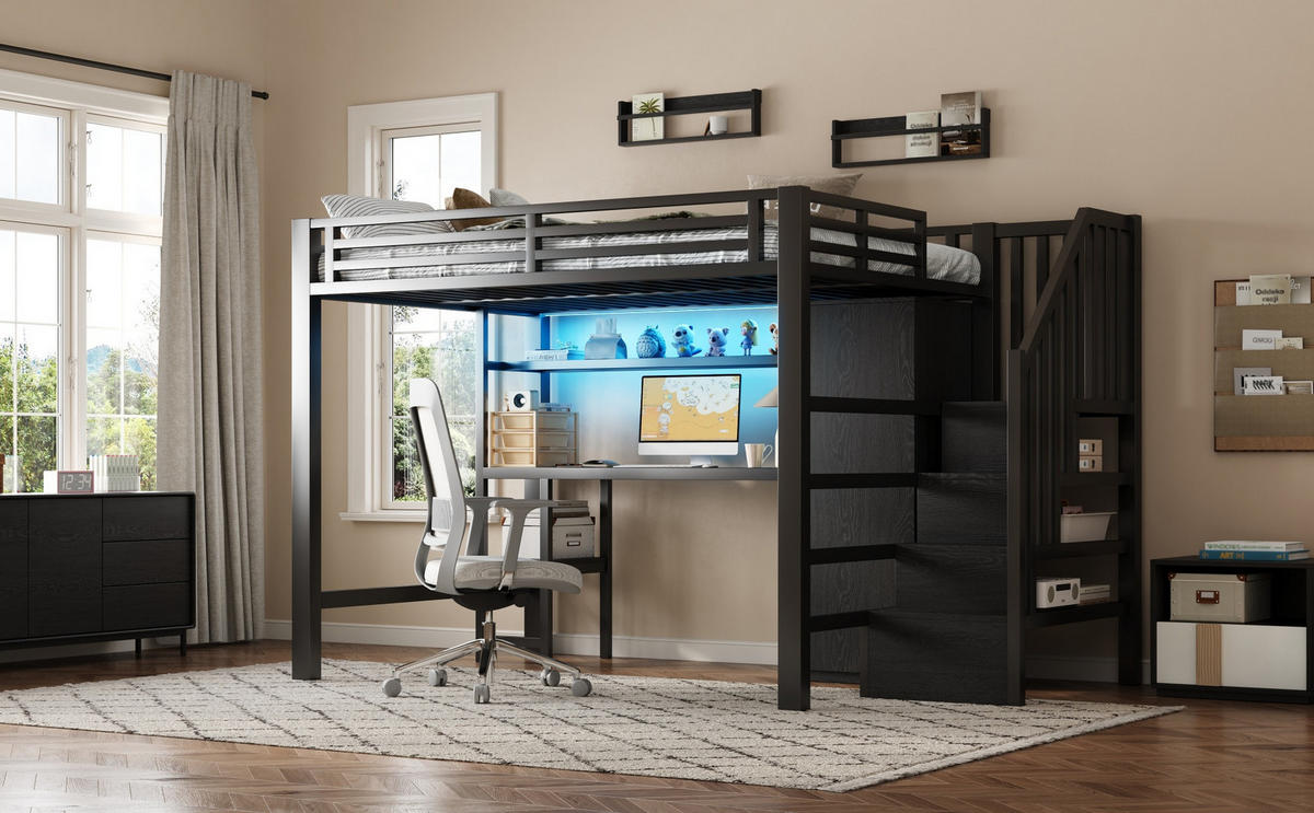 HOCHBETT 140x200 cm aus Metall & MDF mit Schreibtisch, Kleiderschrank und LED, schwarz - Schwarz, Holzwerkstoff (140/200cm)