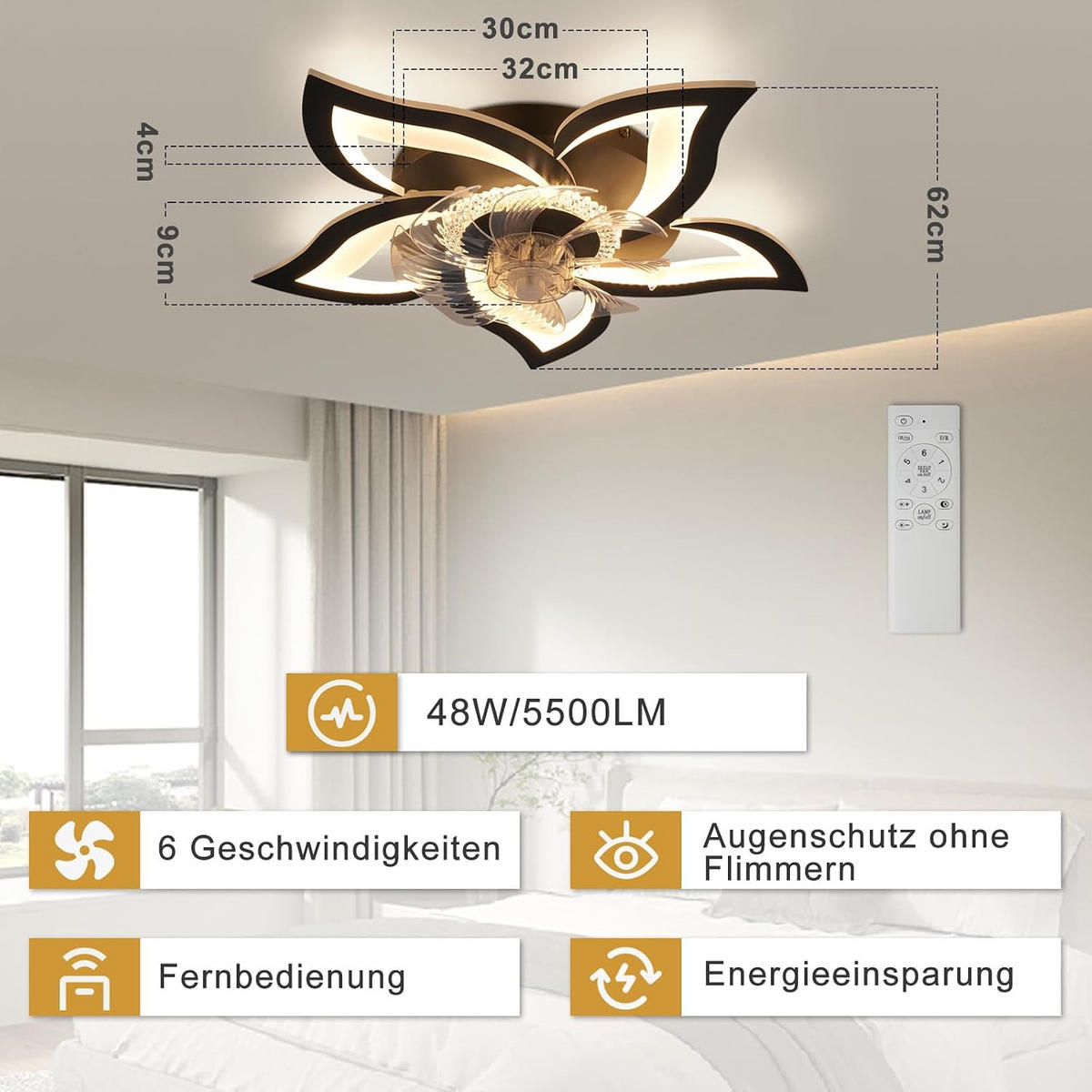 DECKENLEUCHTE mit Ventilator Frostal 62/62/14.5 cm - Schwarz, Metall (62/62/14.5cm) - ZMH