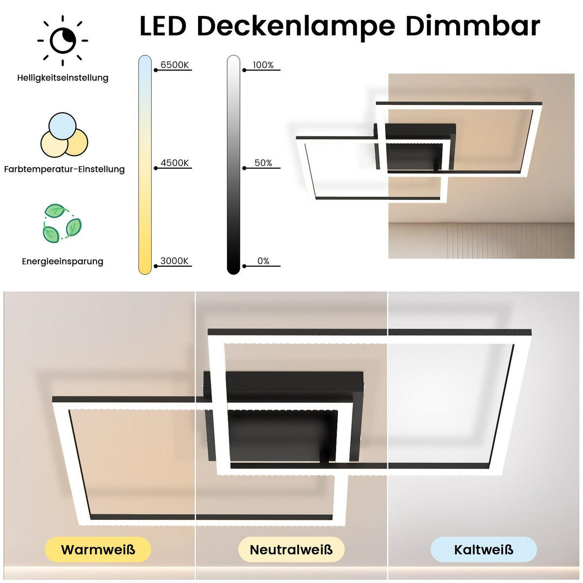 LED-DECKENLEUCHTE Friedhelm 54/54/7.5 cm - Schwarz, Metall (54/54/7.5cm) - Nettlife