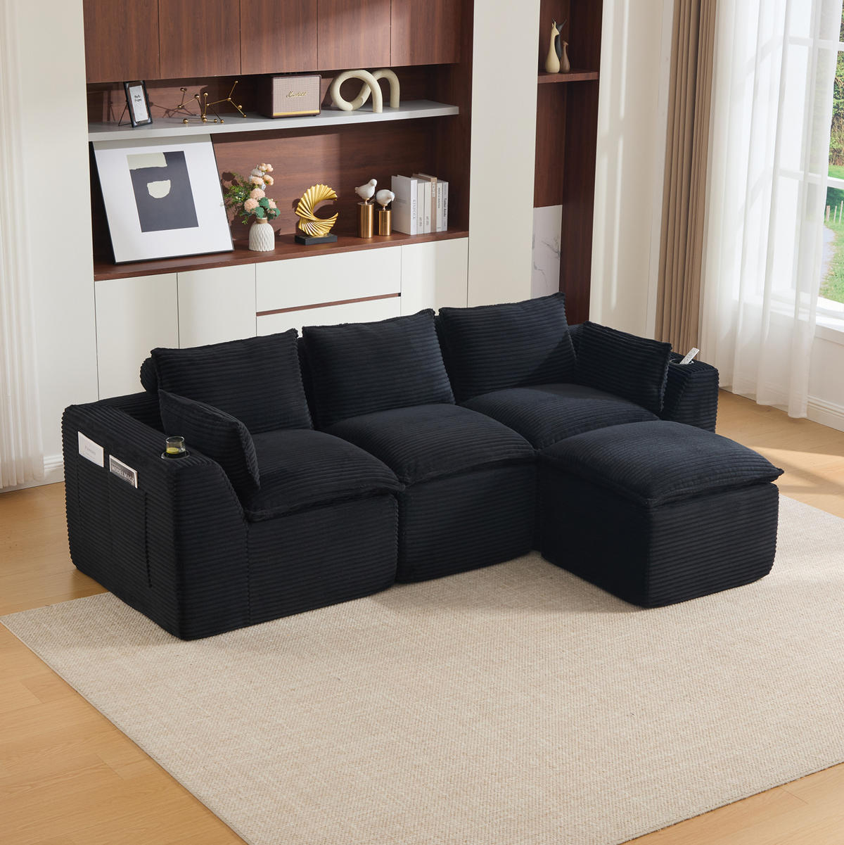 ECKSOFA 256/161/75 cm schwarz aus Cord mit Kissen und Seitentaschen - Schwarz, Textil (161/256cm) - OKWISH