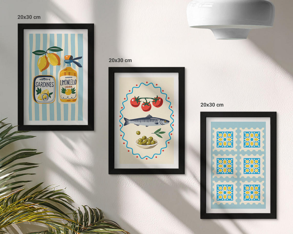 BILDER SET 3er Set - 20x30 cm Schwarzer Rahmen - Illustrationen von Küchen im mediterranen Stil - Schwarz, Kunststoff (20/30cm) - TULUP