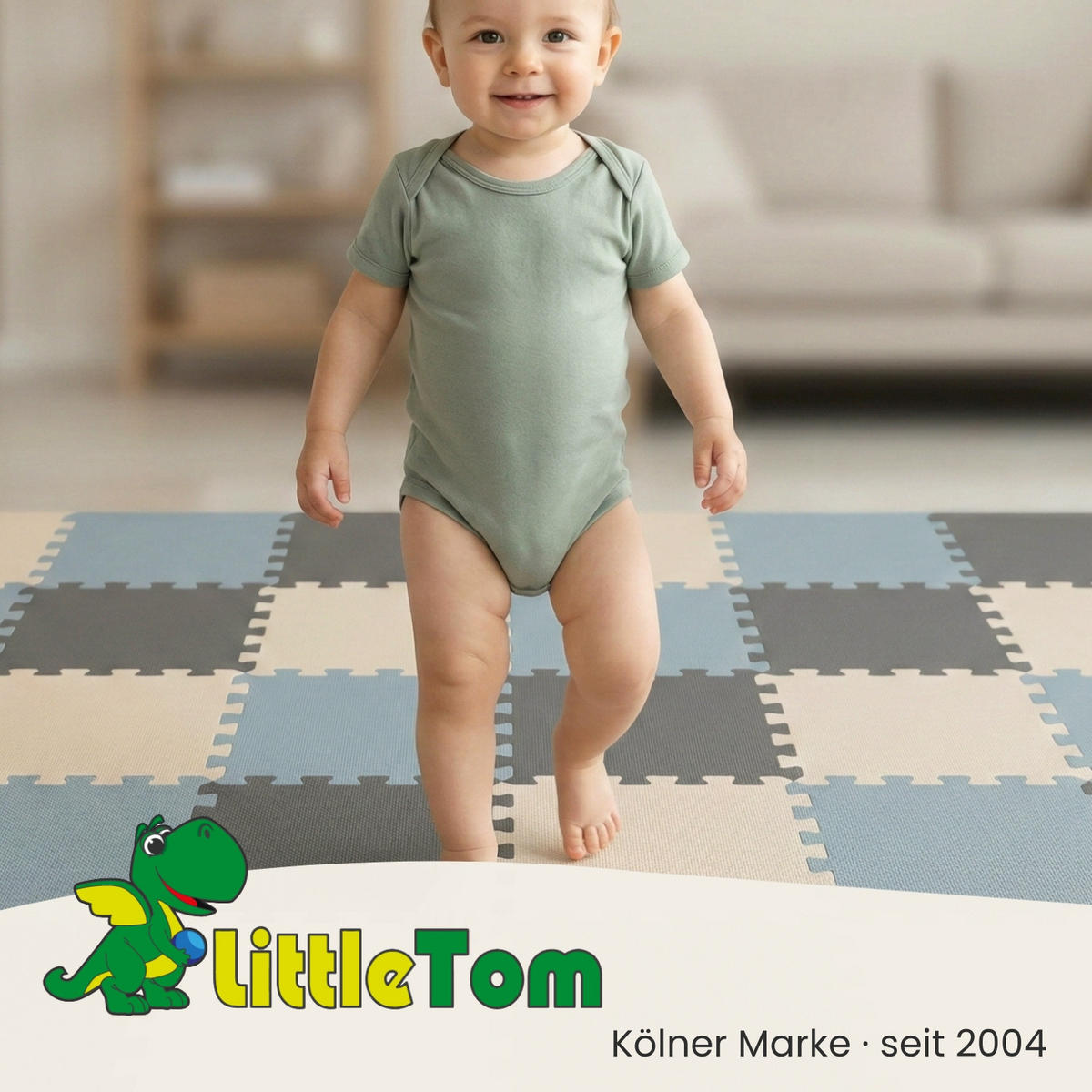 SPIELMATTE mit Rand - 270/90/1 cm Puzzlematte Grau Blau Beige - Grau, Kunststoff (30/30cm) - Littletom