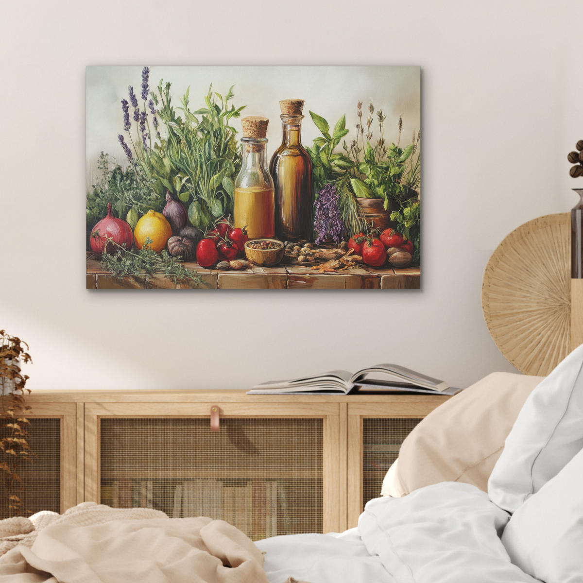 AKUSTIKBILD Stilleben - Kräuter - Gewürze - Früchte - Farbenfroh Wanddeko 70x50 cm - Grün, Kunststoff (70/50/0.9cm) - MuchoWow