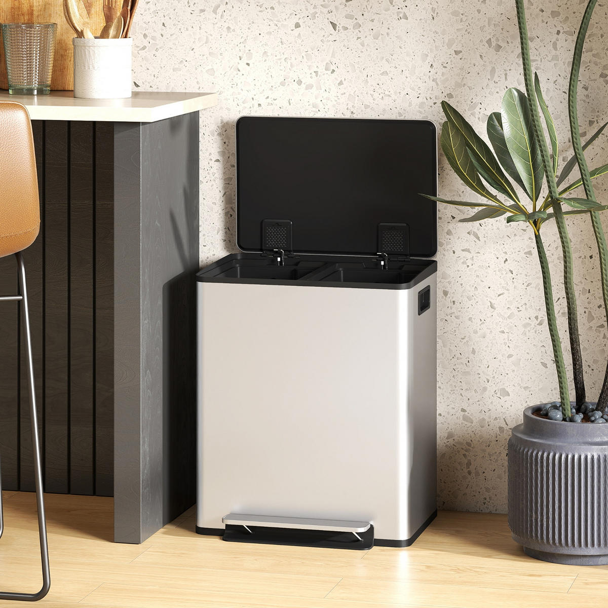 MÜLLTRENNSYSTEM 50L Doppel-Mülleimer Edelstahl Silber 47,7/37,5/56 cm - Silberfarben, Metall (37.5/56/47.7cm) - Rolipo