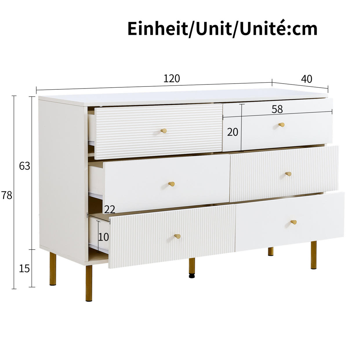 KOMMODE 120/40/78 cm aus MDF mit 6 Schubladen Weiß - Weiß, Holzwerkstoff (120/78/40cm) - Modenvie