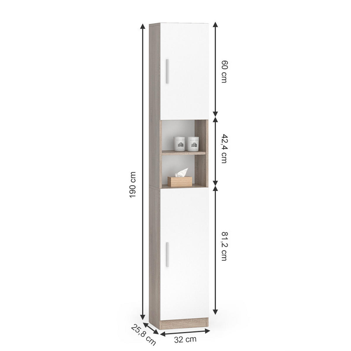 BADSCHRANK Luis Sonoma 32 x 190 cm - Weiß/Sonoma Eiche, Holzwerkstoff (32/190/25.8cm) - Vicco