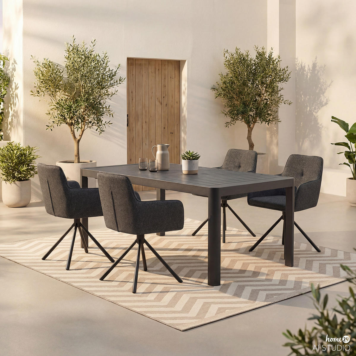 GARTENESSGRUPPE - 5-teilig - Stahl / Polyester - Schwarz / Grau - Schwarz/Grau, Textil/Metall - home24