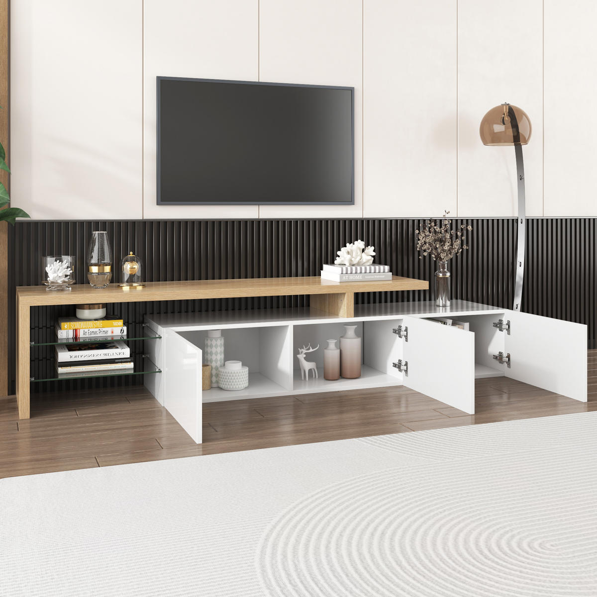 TV-SCHRANK 197,5/39/42 cm hochglänzend Weiß und Holzoptik mit Glasböden und LED-Beleuchtung - Weiß, Holzwerkstoff (197.5/42/39cm) - OKWISH